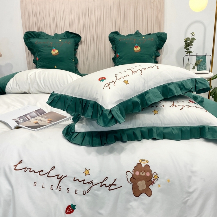 91家纺网 家纺一手货源 找家纺 眠帛家居 2020新款绣花全棉公主风四件套 贝尔-绿