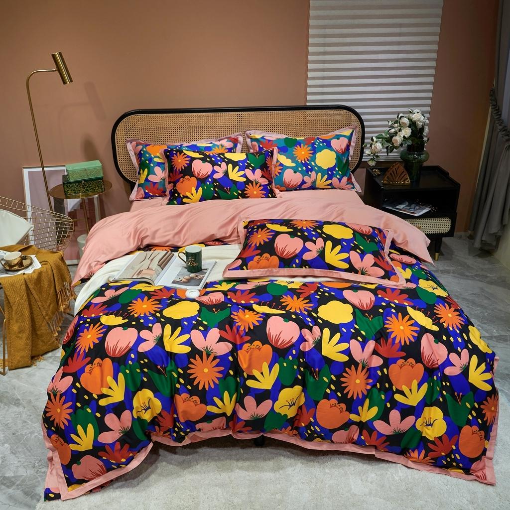 91家纺网 家纺一手货源 找家纺 优然居 2020新款小边款数码印花四件套 花蕊黑