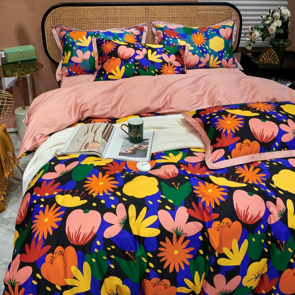 91家纺网 家纺一手货源 找家纺 优然居 2020新款小边款数码印花四件套 花蕊黑