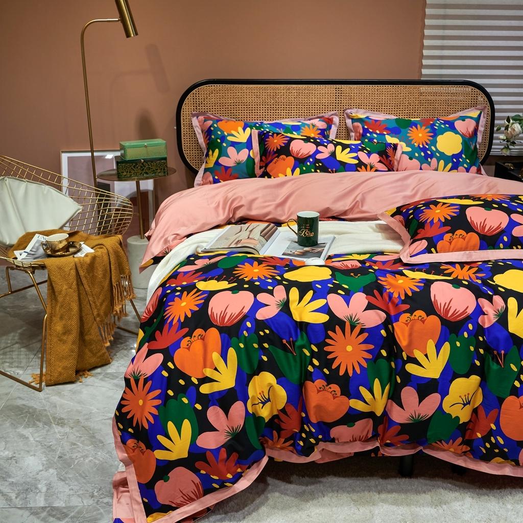 91家纺网 家纺一手货源 找家纺 优然居 2020新款小边款数码印花四件套 花蕊黑