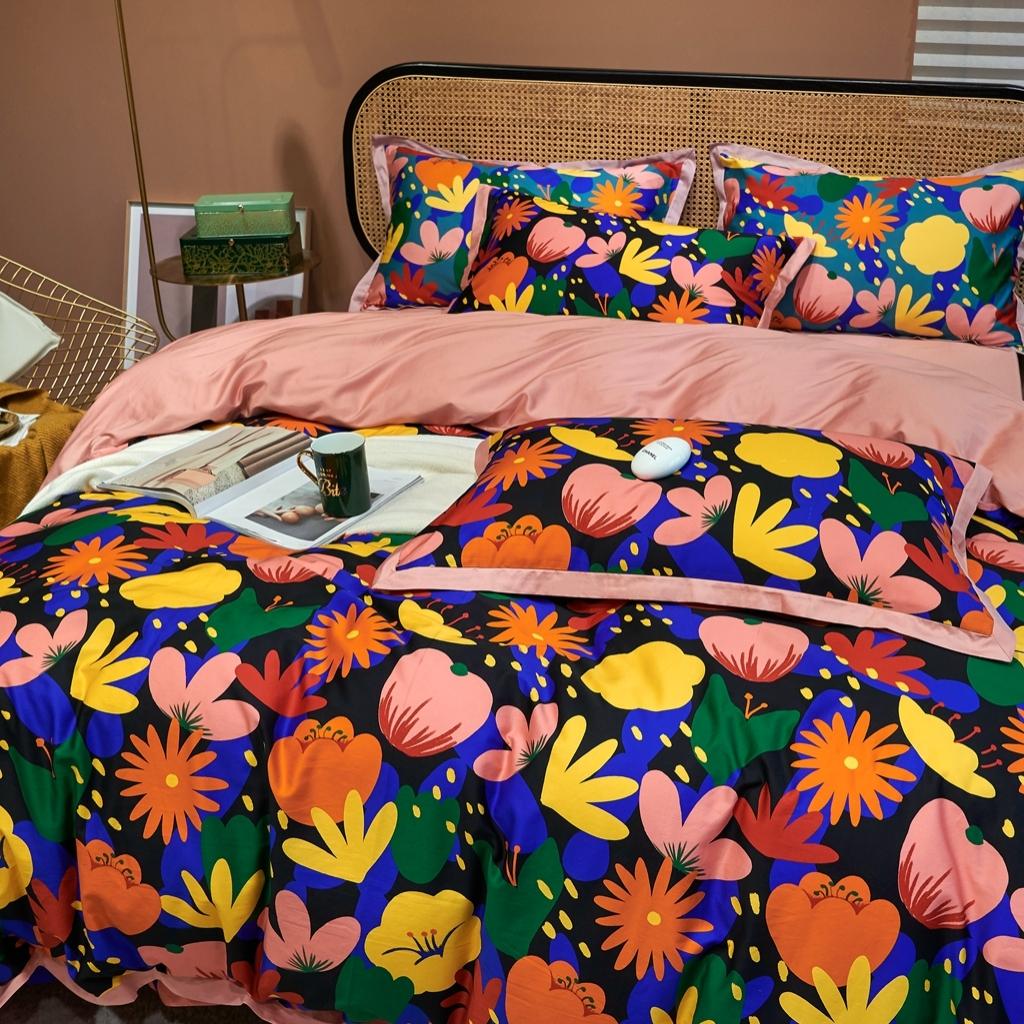 91家纺网 家纺一手货源 找家纺 优然居 2020新款小边款数码印花四件套 花蕊黑