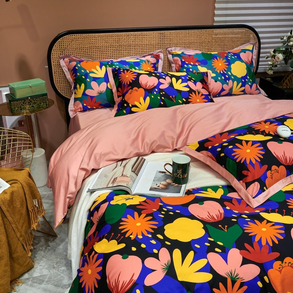 91家纺网 家纺一手货源 找家纺 优然居 2020新款小边款数码印花四件套 花蕊黑