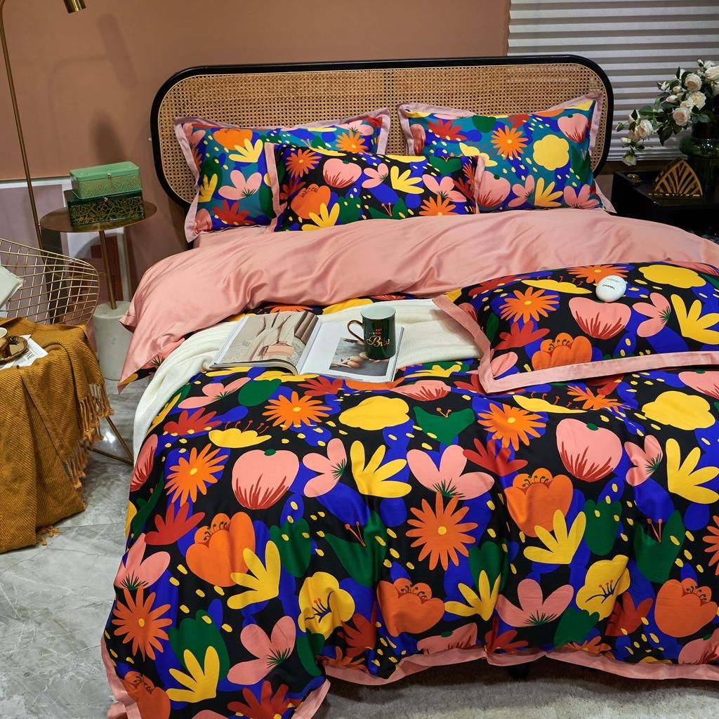 91家纺网 家纺一手货源 找家纺 优然居 2020新款小边款数码印花四件套 花蕊黑