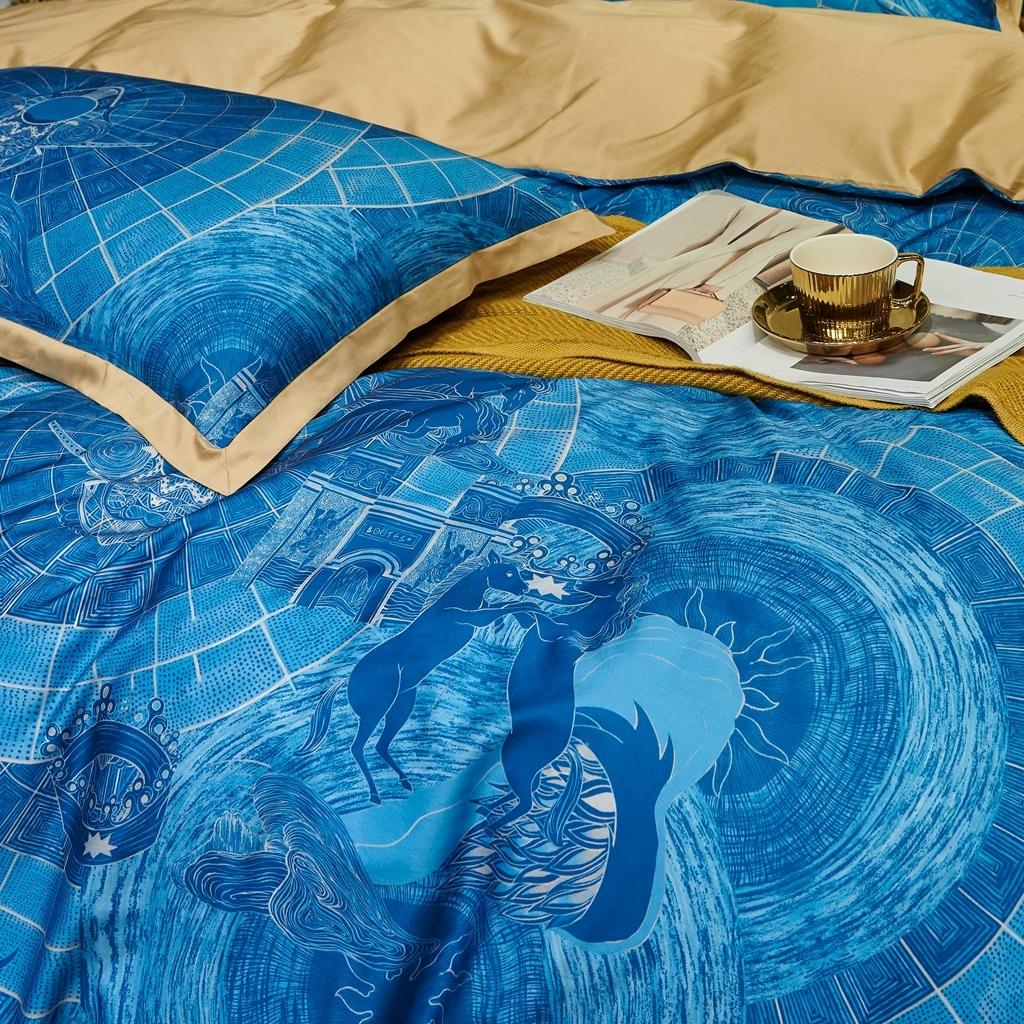 91家纺网 家纺一手货源 找家纺 优然居 2020新款小边款数码印花四件套 马丁拉蓝