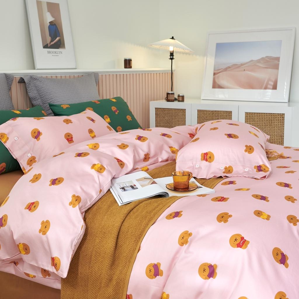 91家纺网 家纺一手货源 找家纺 优然居2020新款60S长绒棉活性印花四件套 饼干熊粉