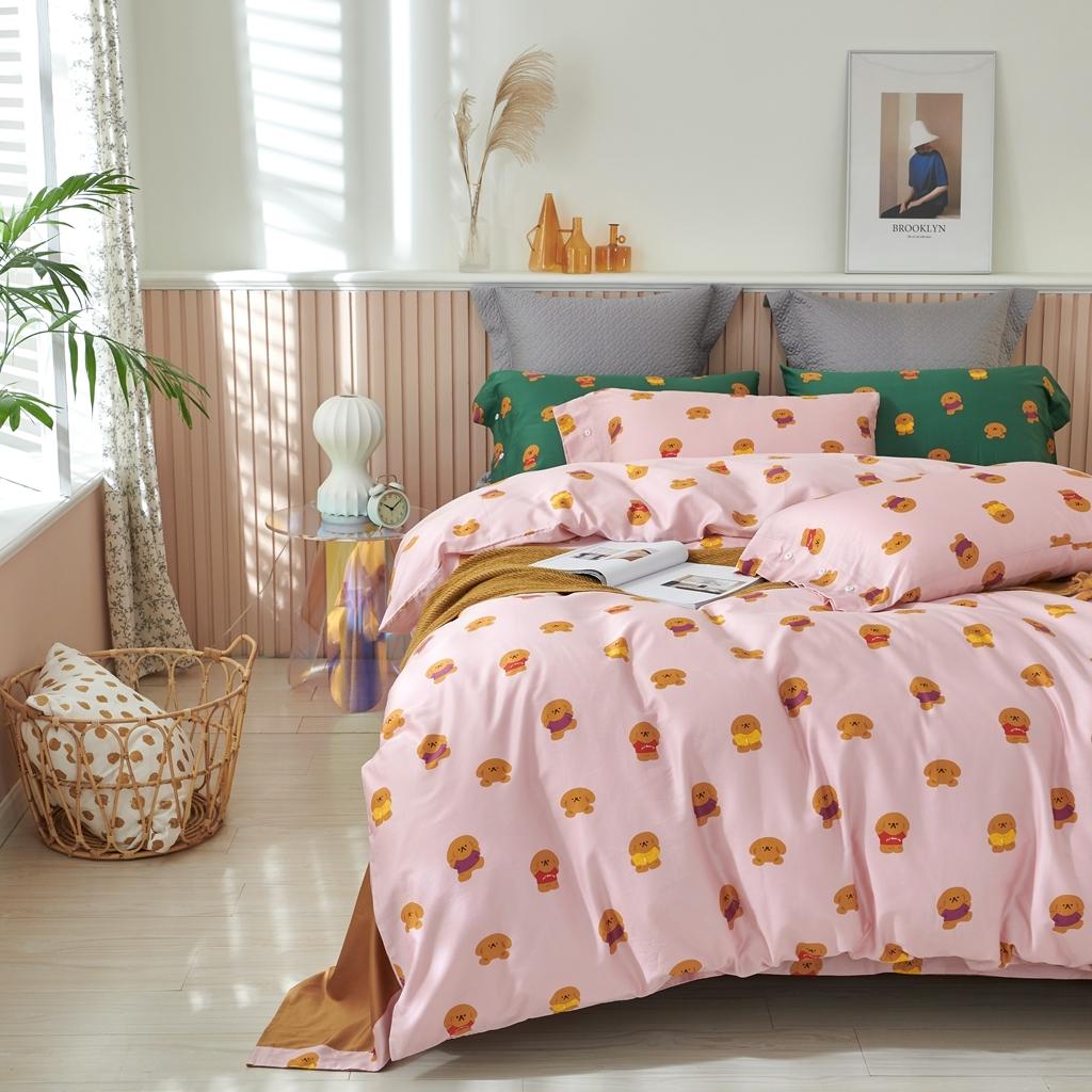 91家纺网 家纺一手货源 找家纺 优然居2020新款60S长绒棉活性印花四件套 饼干熊粉