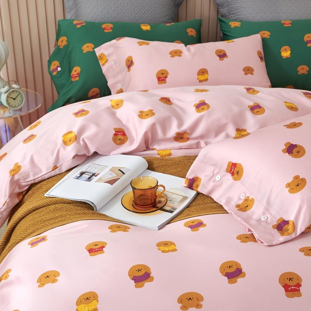 91家纺网 家纺一手货源 找家纺 优然居2020新款60S长绒棉活性印花四件套 饼干熊粉