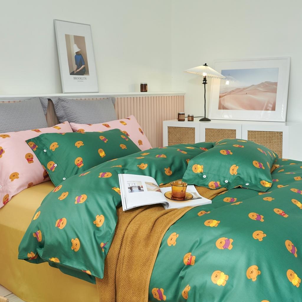 91家纺网 家纺一手货源 找家纺 优然居2020新款60S长绒棉活性印花四件套 饼干熊绿