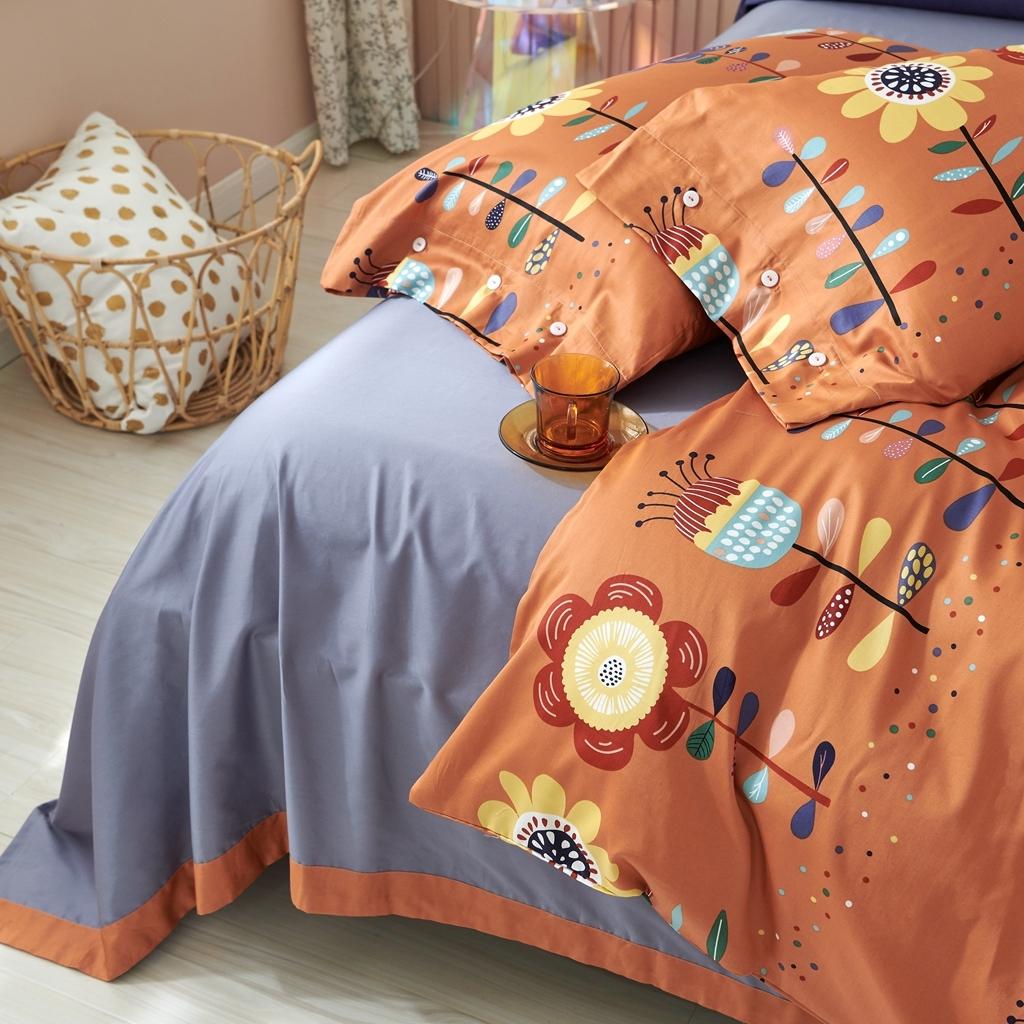 91家纺网 家纺一手货源 找家纺 优然居2020新款60S长绒棉活性印花四件套 春华橘色