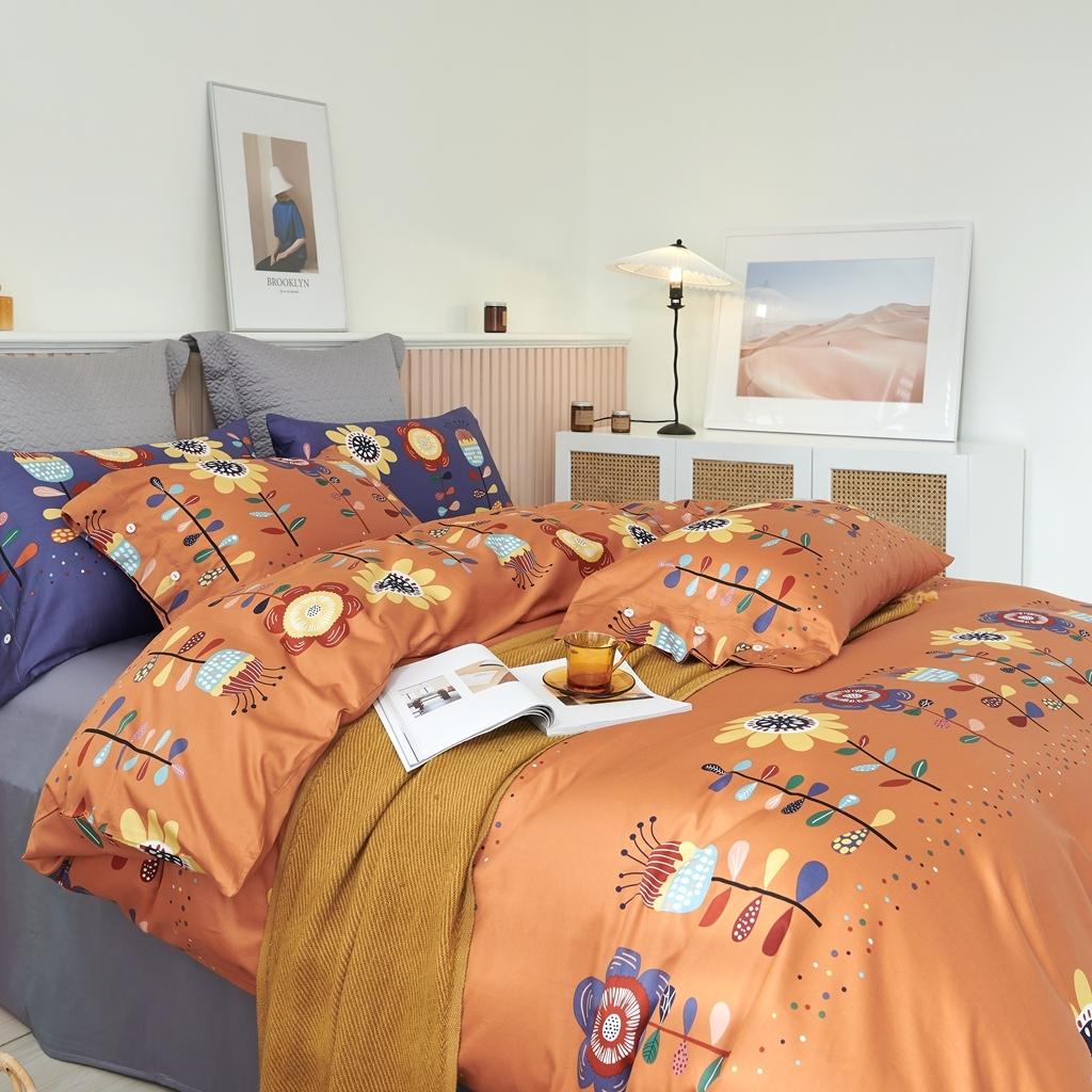 91家纺网 家纺一手货源 找家纺 优然居2020新款60S长绒棉活性印花四件套 春华橘色