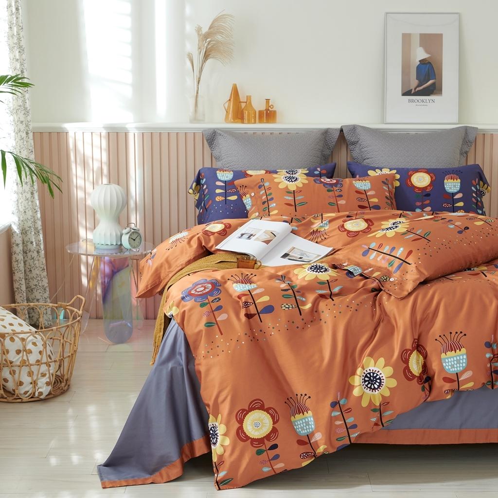 91家纺网 家纺一手货源 找家纺 优然居2020新款60S长绒棉活性印花四件套 春华橘色