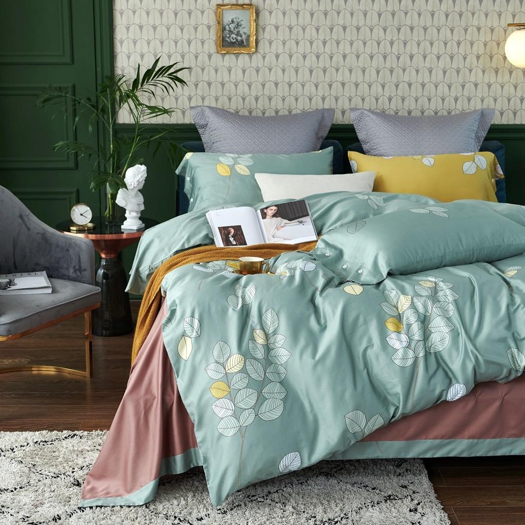 91家纺网 家纺一手货源 找家纺 优然居2020新款60S长绒棉活性印花四件套 浅陌绿