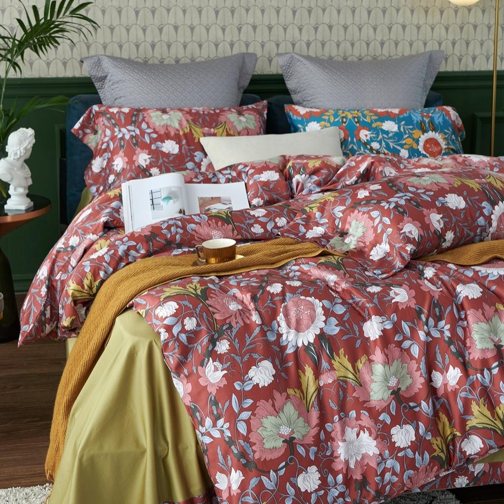 91家纺网 家纺一手货源 找家纺 优然居2020新款60S长绒棉活性印花四件套 特赫姆红