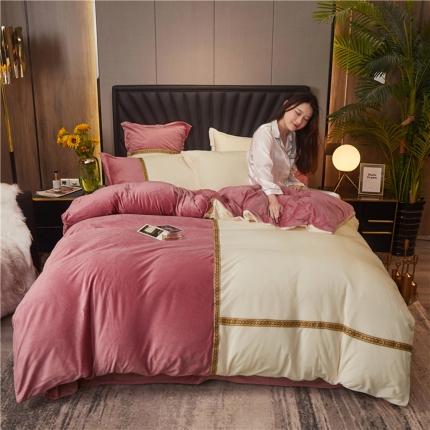 91家纺网 家纺一手货源 找家纺 铠畅 2020新款织带款水晶绒四件套 唯爱-白裸