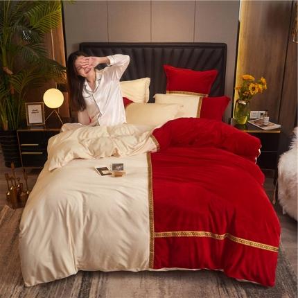 91家纺网 家纺一手货源 找家纺 铠畅 2020新款织带款水晶绒四件套 唯爱-红白