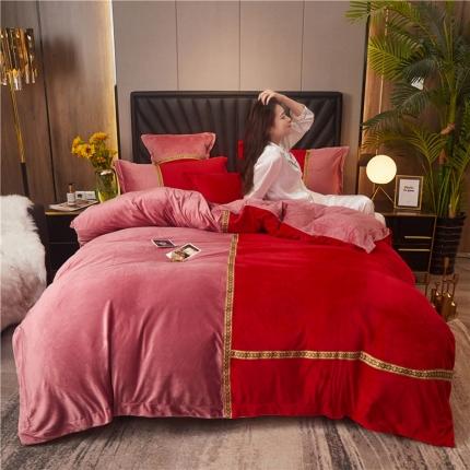 91家纺网 家纺一手货源 找家纺 铠畅 2020新款织带款水晶绒四件套 唯爱-红裸