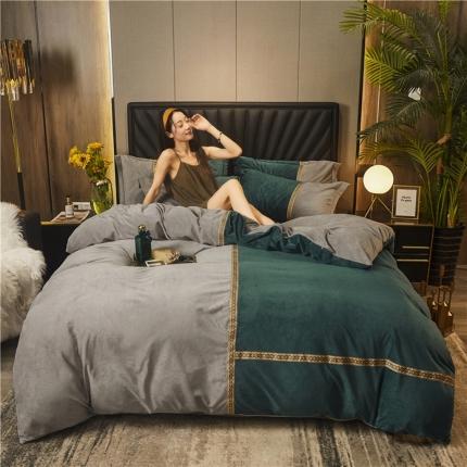 91家纺网 家纺一手货源 找家纺 铠畅 2020新款织带款水晶绒四件套 唯爱-墨绿灰