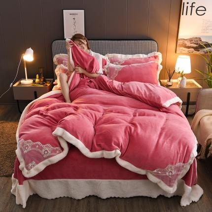 91家纺网 家纺一手货源 找家纺 澳洲羽 2024新款牛奶绒蕾丝拼接款四件套 暗粉