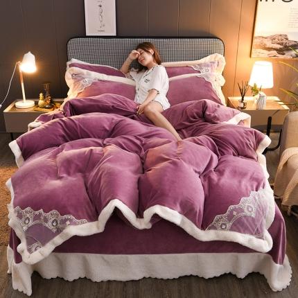 澳洲羽 2024新款牛奶绒蕾丝拼接款四件套 富贵紫