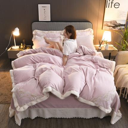 澳洲羽 2024新款牛奶绒蕾丝拼接款四件套 公主粉