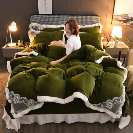 澳洲羽 2024新款牛奶绒蕾丝拼接款四件套 牛油果绿