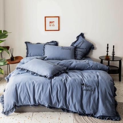 91家纺网 家纺一手货源 找家纺 睡美美 2025新款韩风水洗棉四件套 莫兰迪-蓝