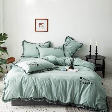 91家纺网 家纺一手货源 找家纺 睡美美 2025新款韩风水洗棉四件套 莫兰迪-绿