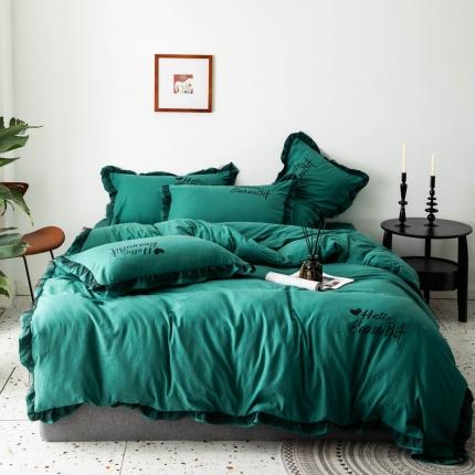 91家纺网 家纺一手货源 找家纺 睡美美 2025新款韩风水洗棉四件套 莫兰迪-深绿