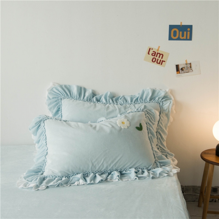 91家纺网 家纺一手货源 找家纺 淑女公社 2020新款秋冬毛巾绣13色四件套 小雏菊淡蓝