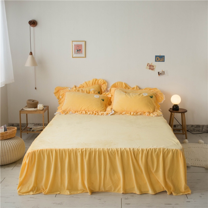 91家纺网 家纺一手货源 找家纺 淑女公社 2020新款秋冬毛巾绣13色四件套 小雏菊嫩黄