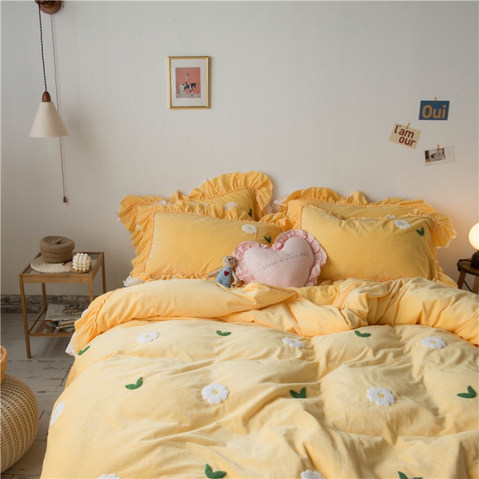 91家纺网 家纺一手货源 找家纺 淑女公社 2020新款秋冬毛巾绣13色四件套 小雏菊嫩黄