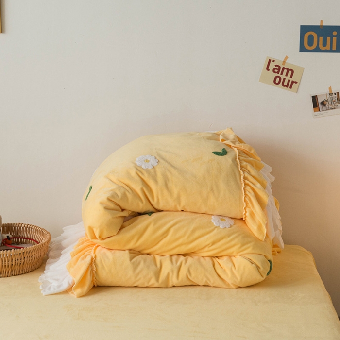 91家纺网 家纺一手货源 找家纺 淑女公社 2020新款秋冬毛巾绣13色四件套 小雏菊嫩黄