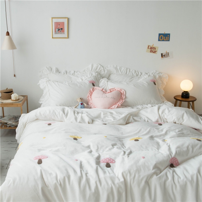 91家纺网 家纺一手货源 找家纺 淑女公社 2020新款秋冬毛巾绣13色四件套 小蘑菇白色