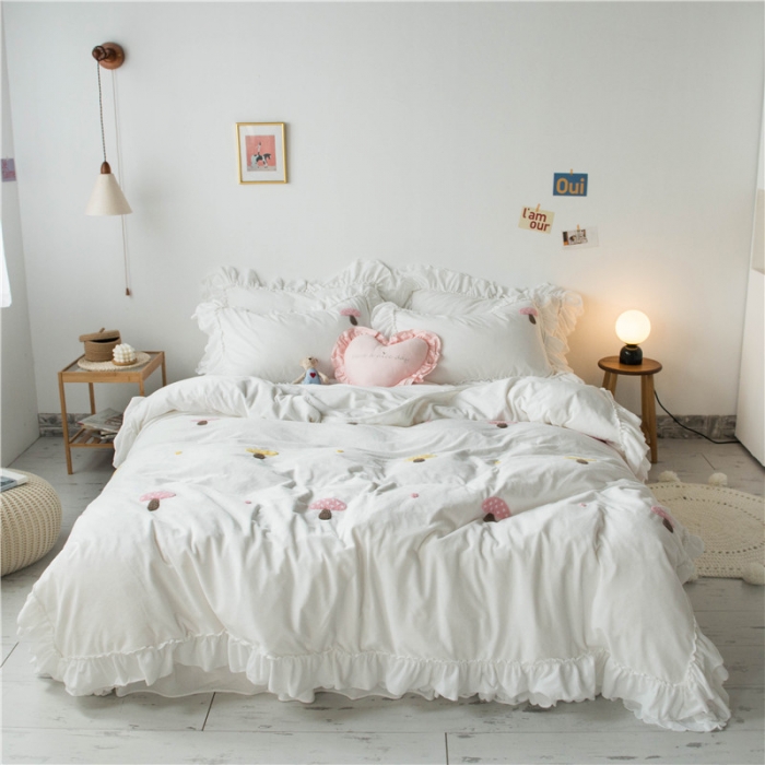 91家纺网 家纺一手货源 找家纺 淑女公社 2020新款秋冬毛巾绣13色四件套 小蘑菇白色