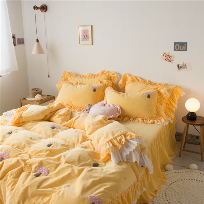 91家纺网 家纺一手货源 找家纺 淑女公社 2020新款秋冬毛巾绣13色四件套 小蘑菇嫩黄