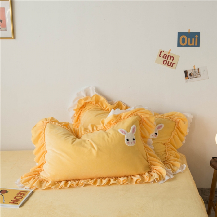 91家纺网 家纺一手货源 找家纺 淑女公社 2020新款秋冬毛巾绣13色四件套 小兔子嫩黄