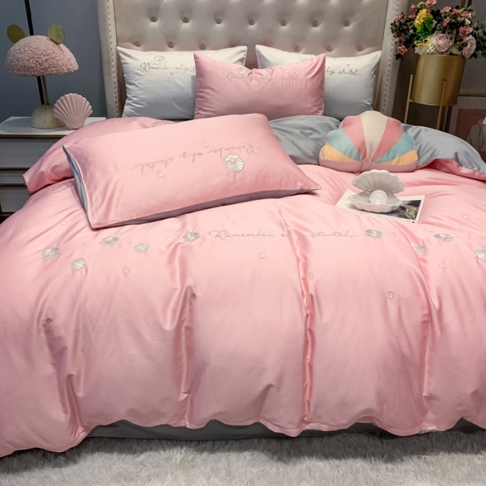 91家纺网 家纺一手货源 找家纺 眠帛家居 2020新款贡缎全棉绣花系列 贝壳奶油粉