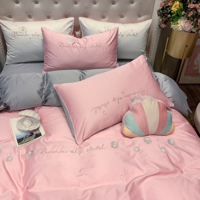 91家纺网 家纺一手货源 找家纺 眠帛家居 2020新款贡缎全棉绣花系列 贝壳奶油粉