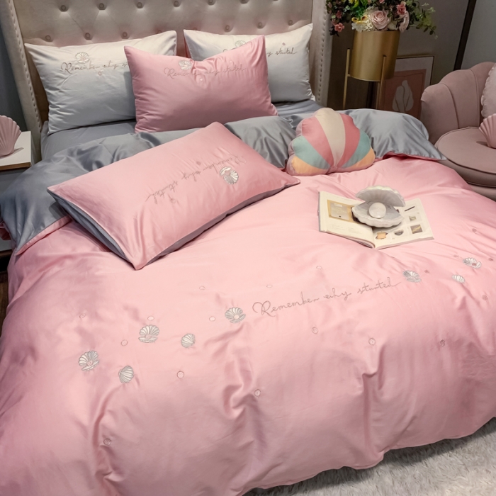 91家纺网 家纺一手货源 找家纺 眠帛家居 2020新款贡缎全棉绣花系列 贝壳奶油粉