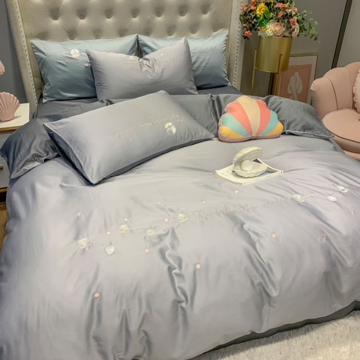 91家纺网 家纺一手货源 找家纺 眠帛家居 2020新款贡缎全棉绣花系列 贝壳浅灰