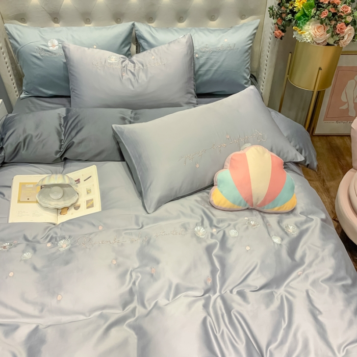 91家纺网 家纺一手货源 找家纺 眠帛家居 2020新款贡缎全棉绣花系列 贝壳浅灰