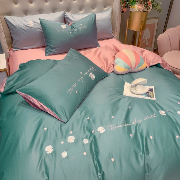 91家纺网 家纺一手货源 找家纺 眠帛家居 2020新款贡缎全棉绣花系列 贝壳浅石蓝