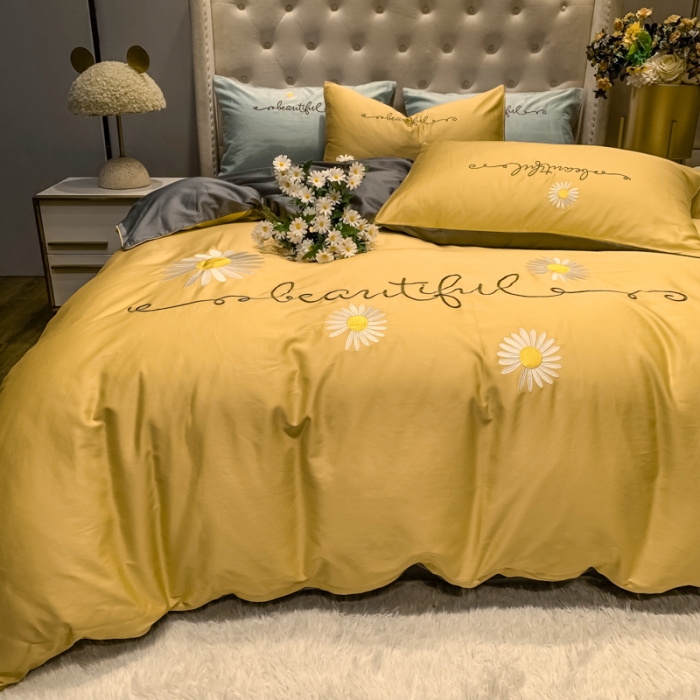 91家纺网 家纺一手货源 找家纺 眠帛家居 2020新款贡缎全棉绣花系列 雏菊姜黄