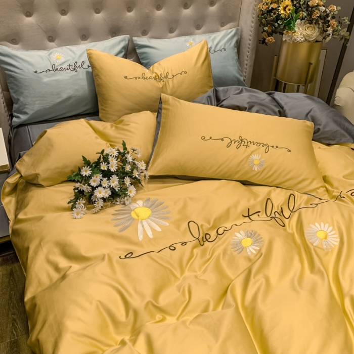 91家纺网 家纺一手货源 找家纺 眠帛家居 2020新款贡缎全棉绣花系列 雏菊姜黄