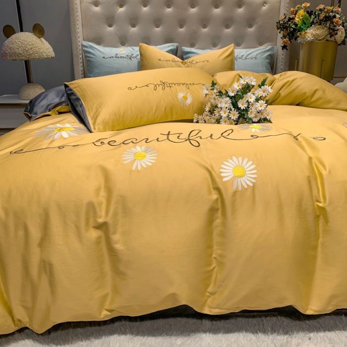 91家纺网 家纺一手货源 找家纺 眠帛家居 2020新款贡缎全棉绣花系列 雏菊姜黄