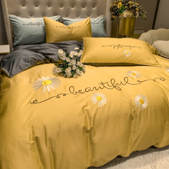 91家纺网 家纺一手货源 找家纺 眠帛家居 2020新款贡缎全棉绣花系列 雏菊姜黄