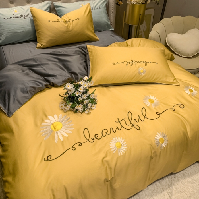 91家纺网 家纺一手货源 找家纺 眠帛家居 2020新款贡缎全棉绣花系列 雏菊姜黄