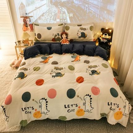 HL原创 2020新款牛奶绒四件套 波点恐龙