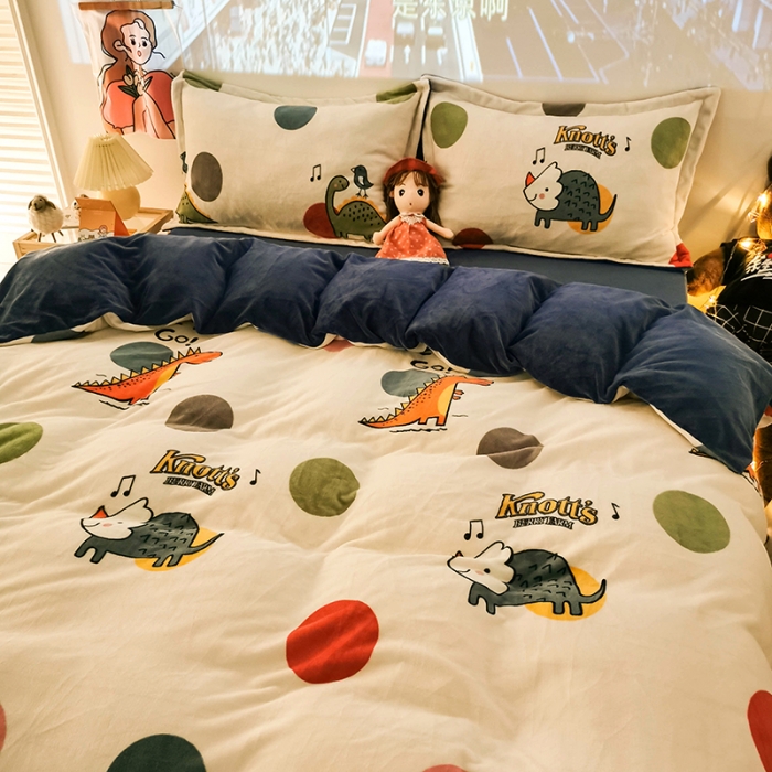 91家纺网 家纺一手货源 找家纺 HL原创 2020新款牛奶绒四件套 波点恐龙