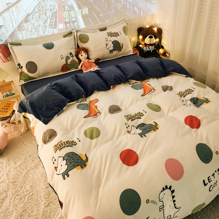 91家纺网 家纺一手货源 找家纺 HL原创 2020新款牛奶绒四件套 波点恐龙